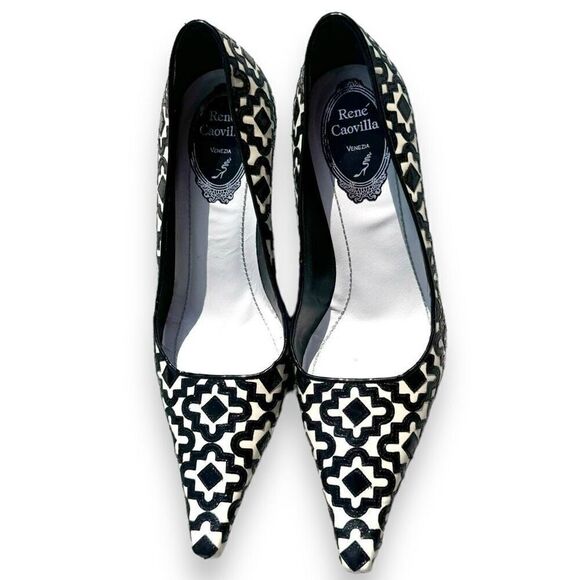 Rene Caovilla Black White Pattern Patent Leather Pointed Toe Heels Women’s Sz 38 - Picture 4 of 8